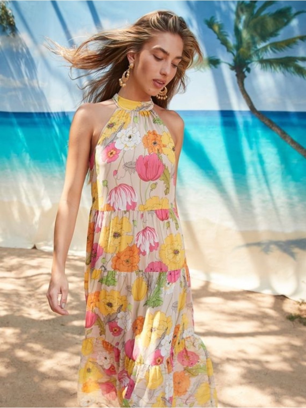 Trina Turk Floral Halter Maxi Dress - Pink, Orange & Yellow